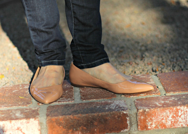 J.Crew Viv Flats, Eileen Fisher skinny jeans, nude shoes, pointed toe flats, organic cotton jeans