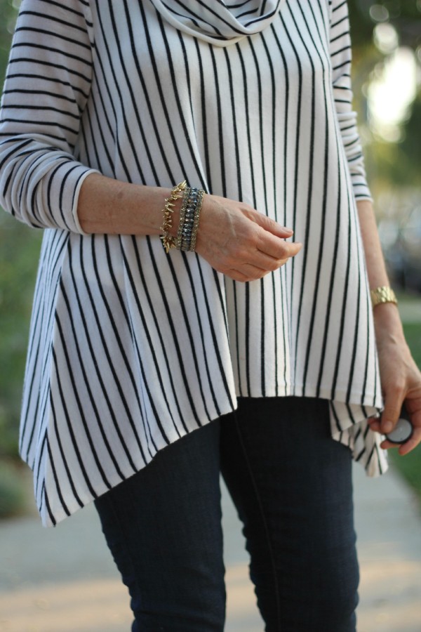 striped sweater, cowl neck sweater, J.Crew bracelet