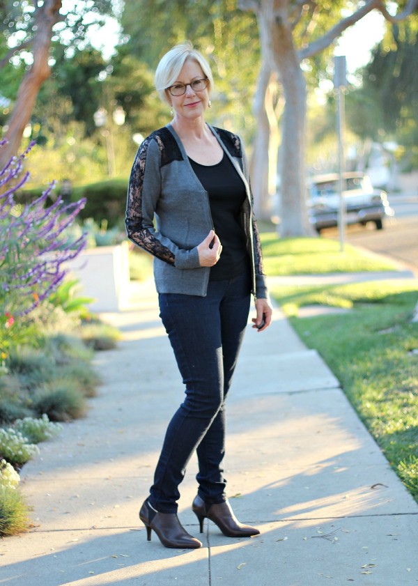 Eileen Fisher skinny jeans, Donald J. Pliner booties, metallic booties