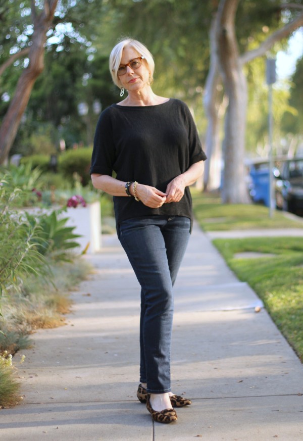 Eileen Fisher sweater and jeans, leopard flats 