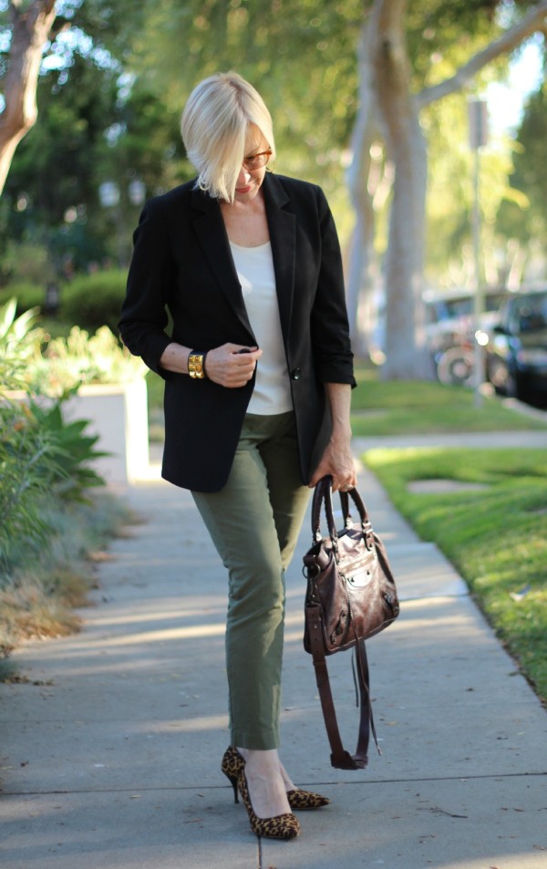 J.Crew chinos, Michael Kors jacket, Balenciaga bag, leopard pumps