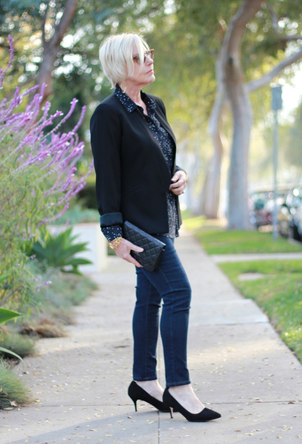 Eileen Fisher jacket, skinny jeans, Ann Taylor blouse, Cole Haan suede pumps