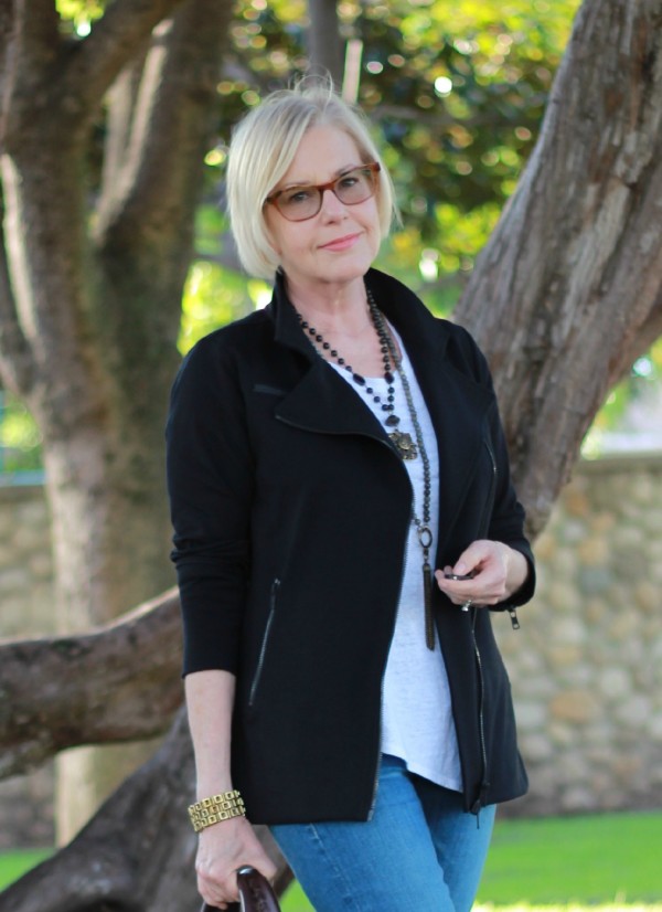 Eileen Fisher long moto jacket, French Kande necklaces