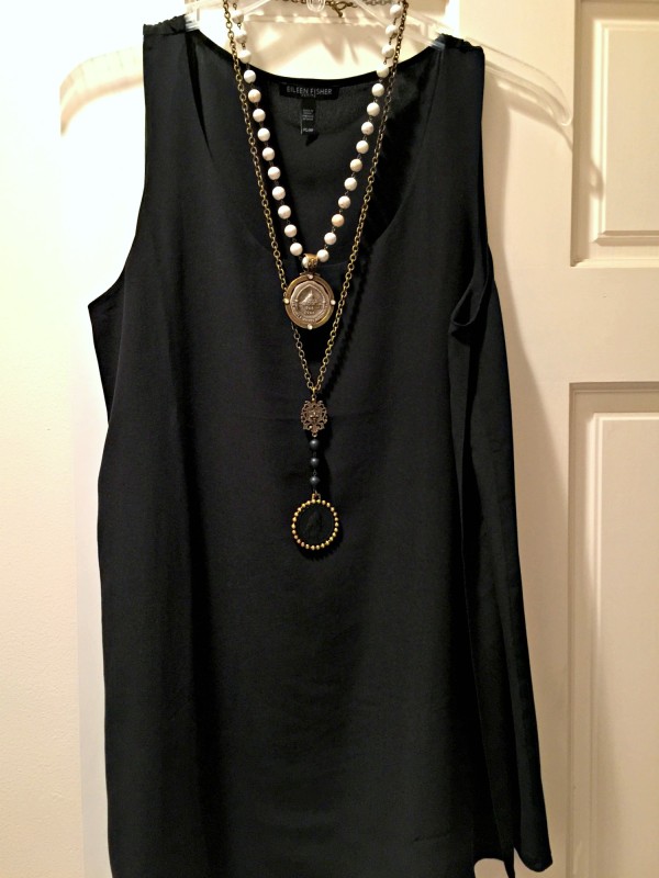 Eileen Fisher silk tunic, layered necklaces