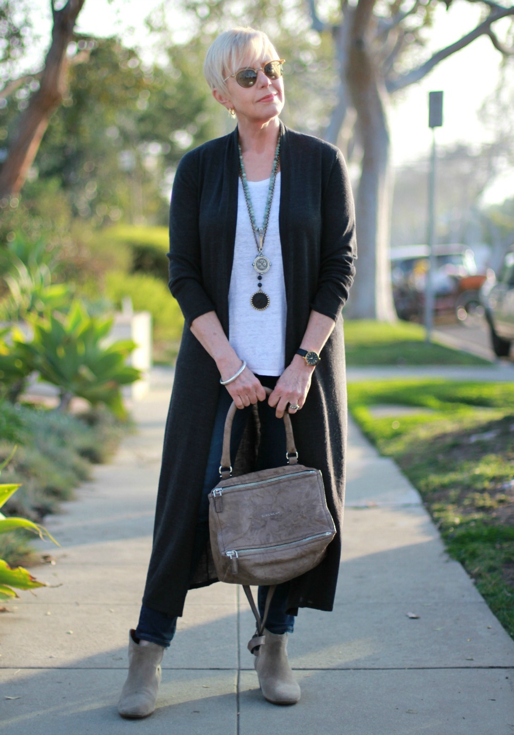 Givenchy Pandora, French Kande necklaces, Eileen Fisher cardigan