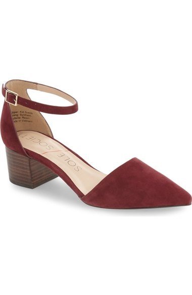 red ankle strap suede pump