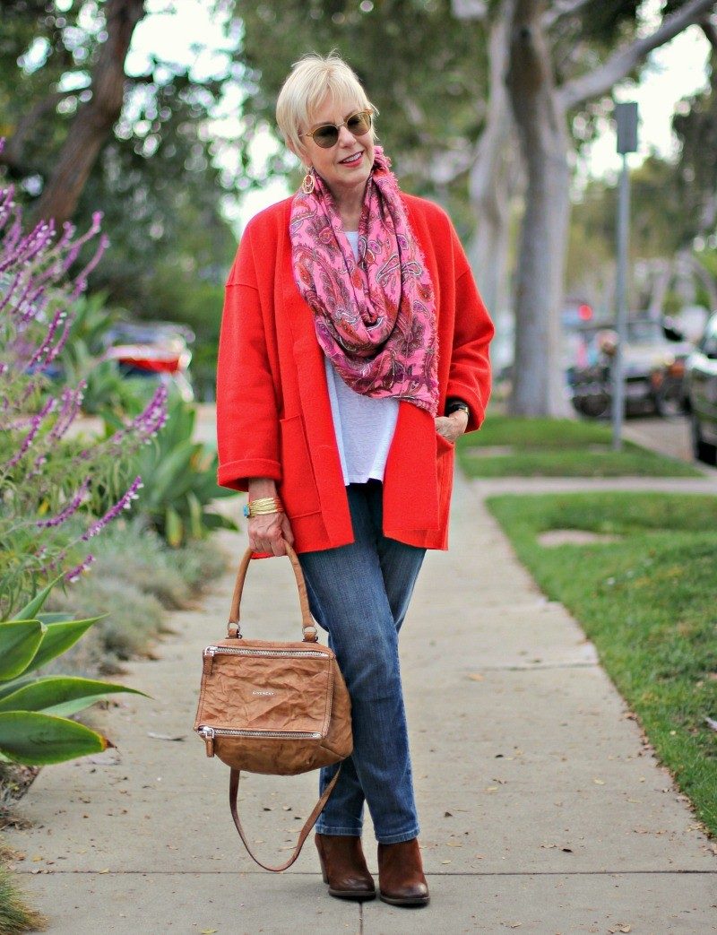 red jacket with jeans, pink scarf