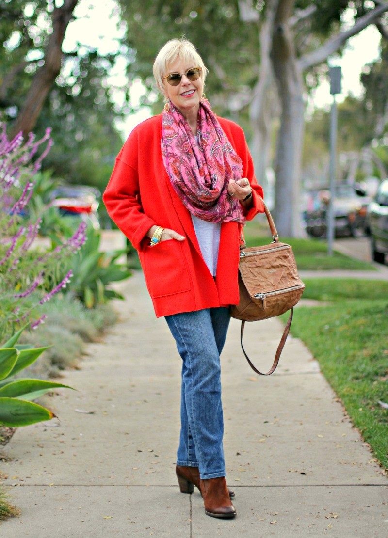 red jacket, pink scarf