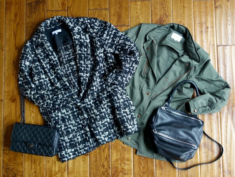 tweed coat, Chanel bag, utility jacket, Givenchy Pandora bag