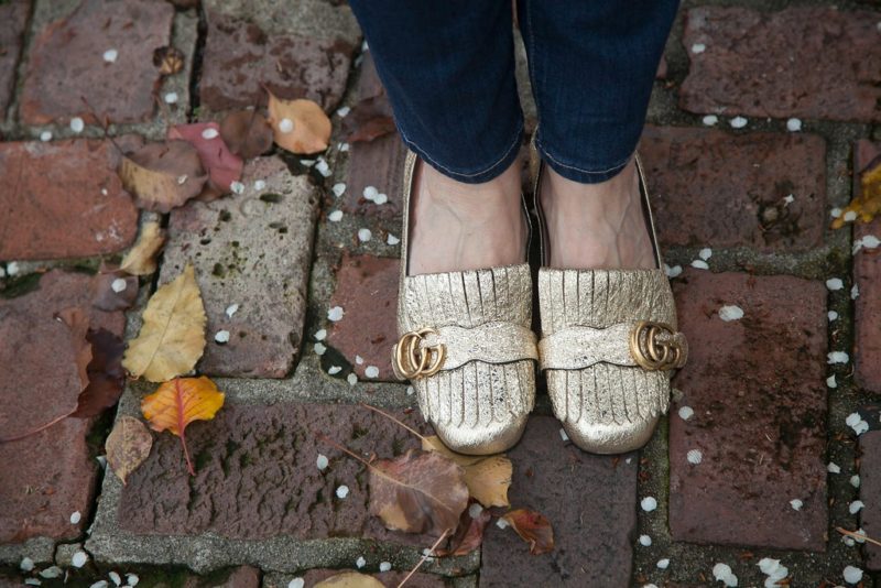 Detail: style blogger Susan B. wears gold Gucci Marmont loafers. Details at une femme d'un certain age.