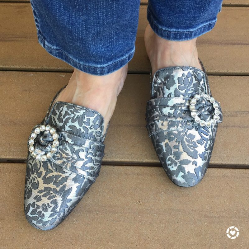 details: style blogger Susan B. of une femme d'un certain age wears brocade mules with rhinestone accents from Brown's Couture