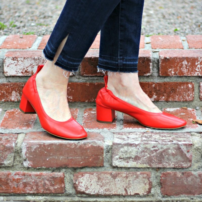 Style blogger Susan B. of une femme d'un certain age wearing red Everlane Day Heel shoes