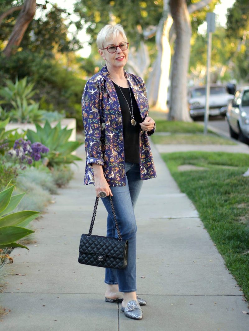 style blogger Susan B. wears a printed silk pajama top as a jacket