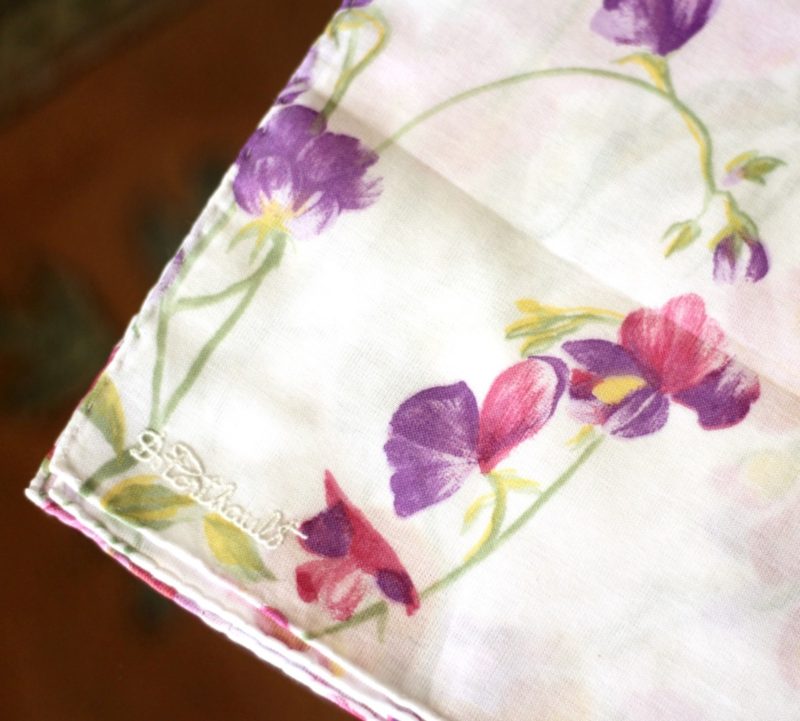 printed D. Porthault cotton handkerchief. Details at une femme d'un certain age.
