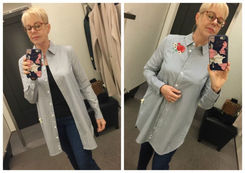 Susan B. of une femme d'un certain age tries on an Equipment embroidered tunic during the Nordstrom Anniversary Sale