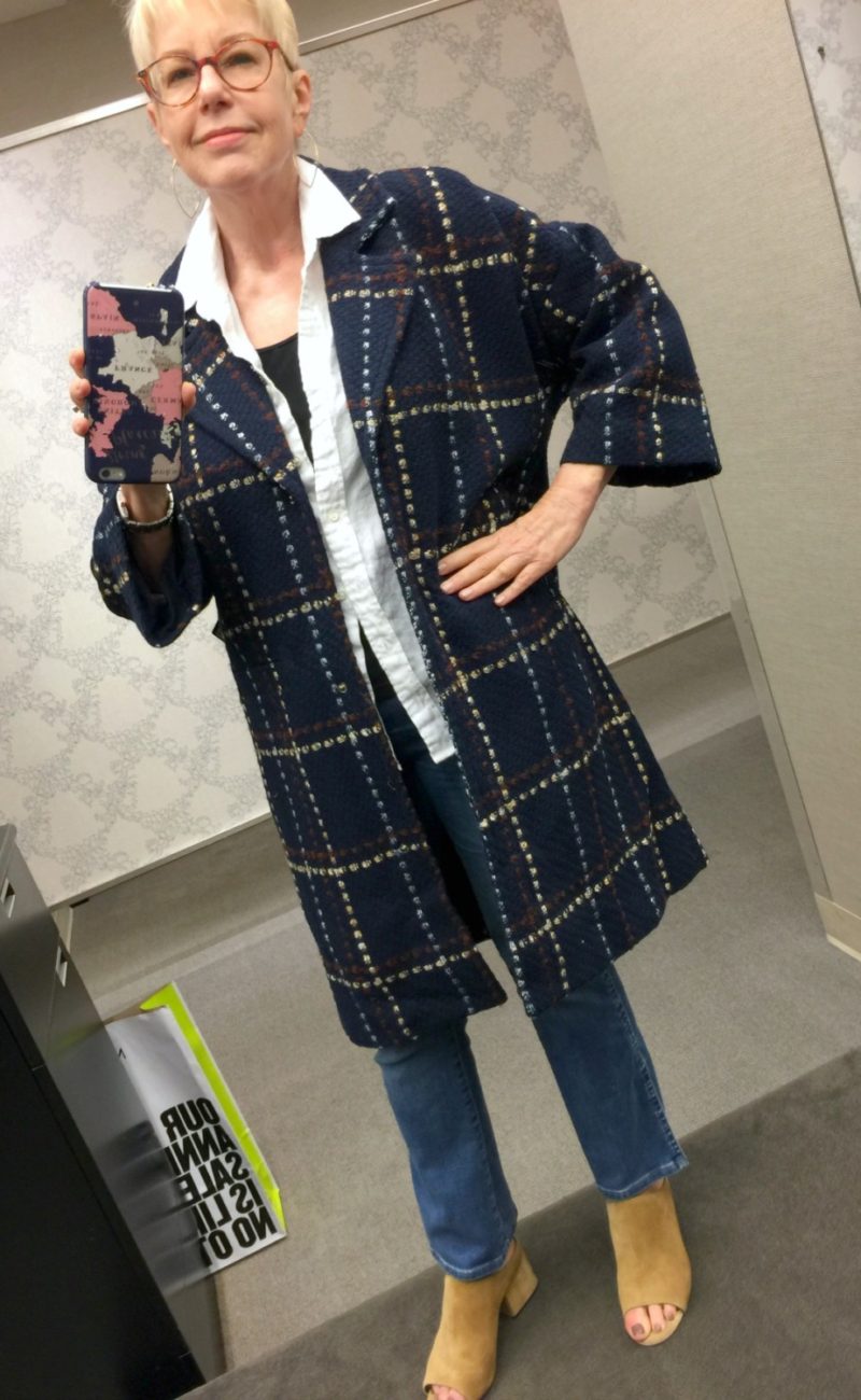 Susan B. of une femme d'un certain age tries on a Halogen coat from the Nordstrom Anniversary Sale.