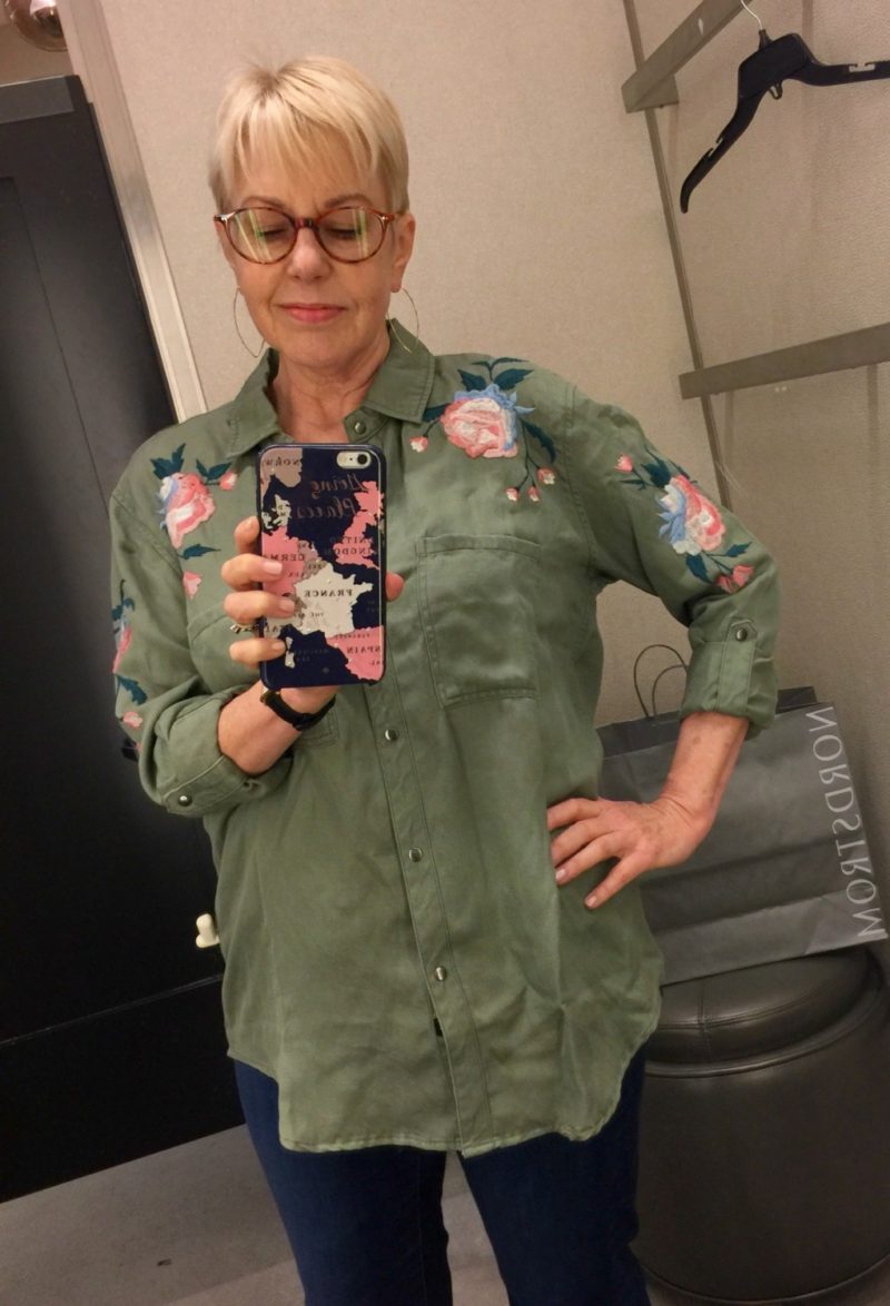 style blogger Susan B. tries on a Rails embroidered shirt from the Nordstrom Anniversary Sale