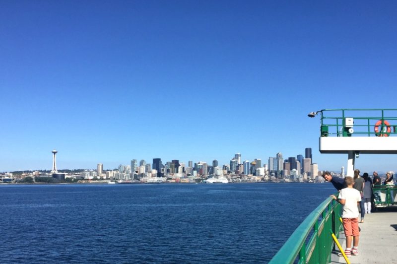 view of the Seattle skyline from the Bainbridge Island ferry