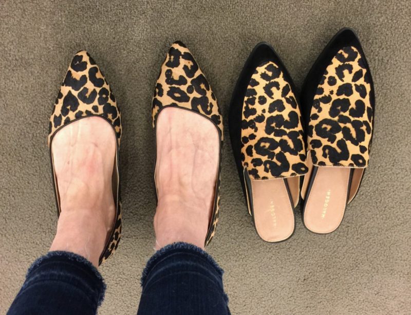 style blogger Susan B. tries on leopard print shoes from Cole Haan and Halogen at the Nordstrom Anniversary Sale