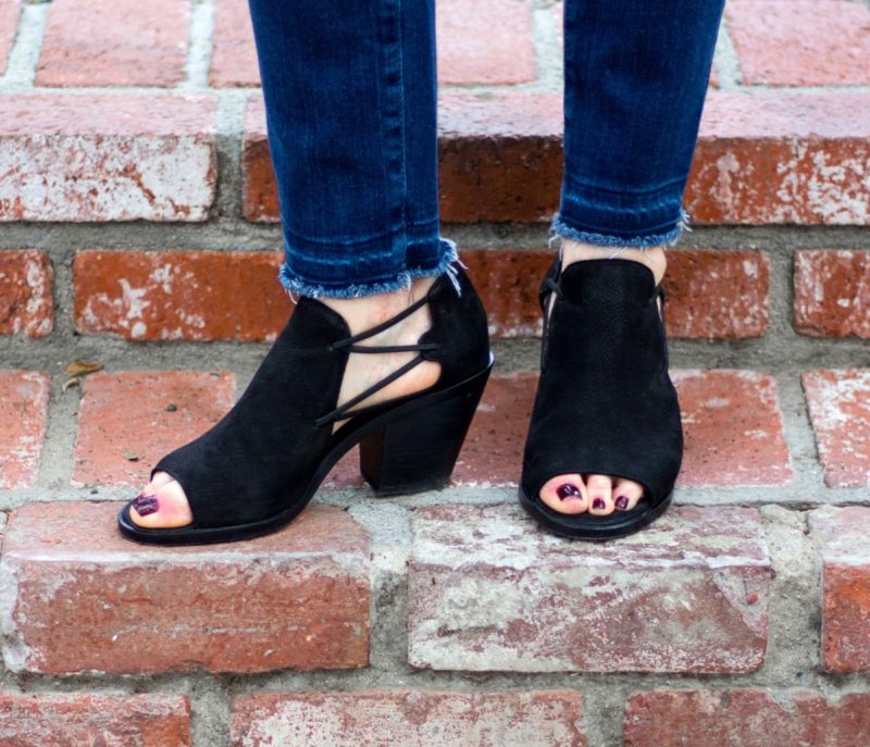 Detail: style blogger Susan B. wears Eileen Fisher cutout booties. Details at une femme d'un certain age.