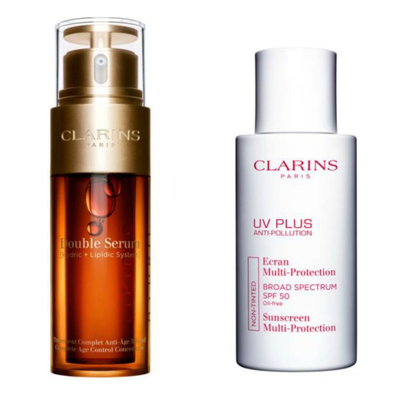 Clarins Double Serum and UV Plus sunscreen. Details at une femme d'un certain age.