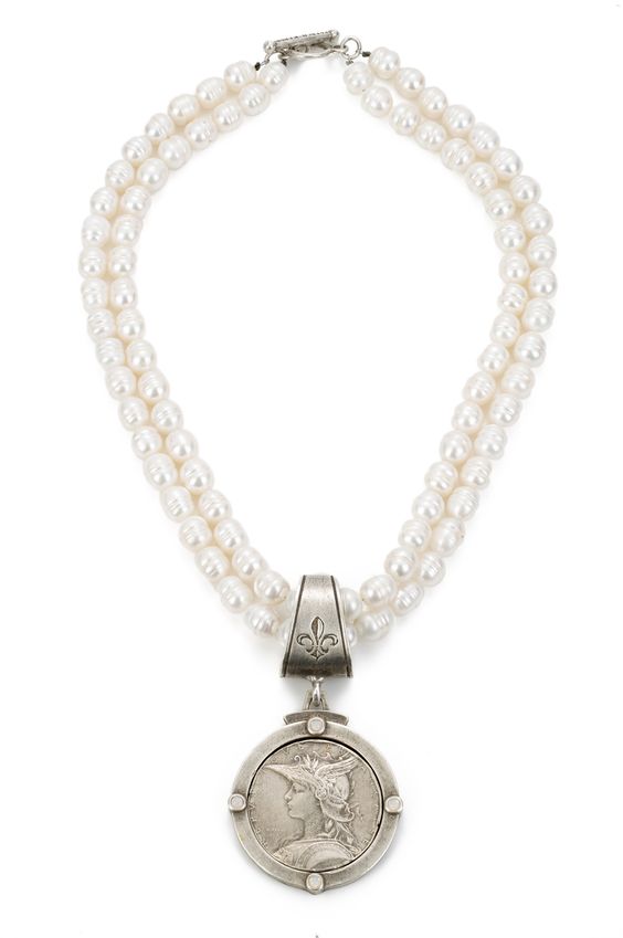 Double-strand freshwater baroque pearl necklace with vintage French medallion. Details at une femme d'un certain age.