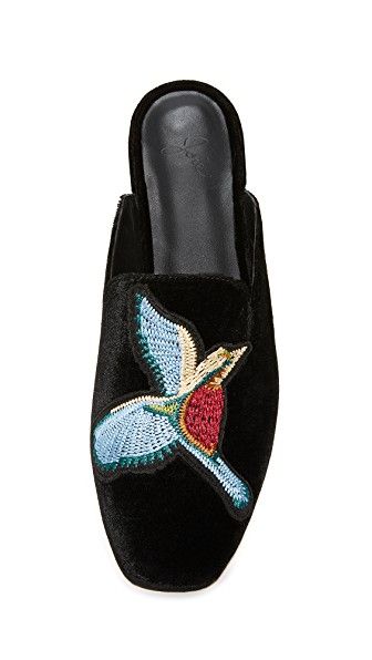 Joie mules with hummingbird embroidery. Details at une femme d'un certain age