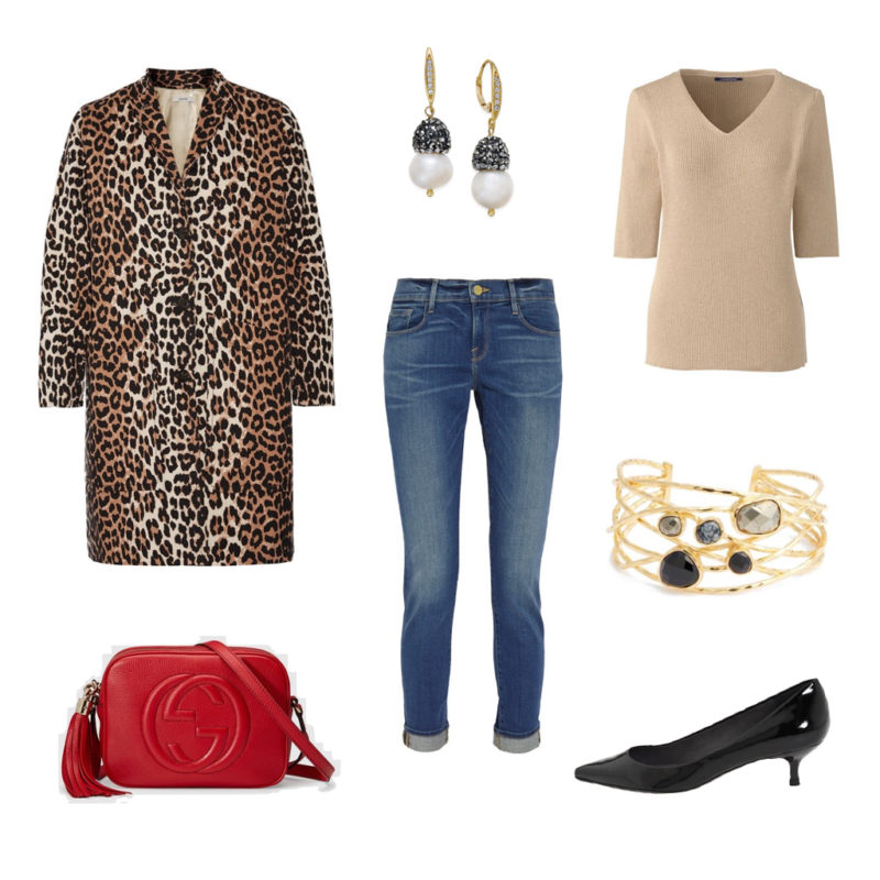casual glam outfit with leopard print coat, Gucci bag and kitten heel pumps. Details at une femme d'un certain age.