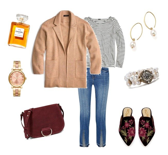 Casual outfit with velvet mules and pearl jewelry. Details at une femme d'un certain age.