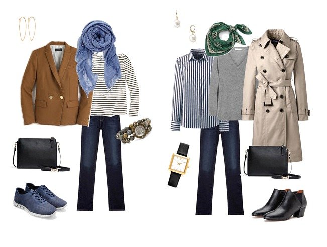 Outfits created with basic fall travel wardrobe. Details at une femme d'un certain age.