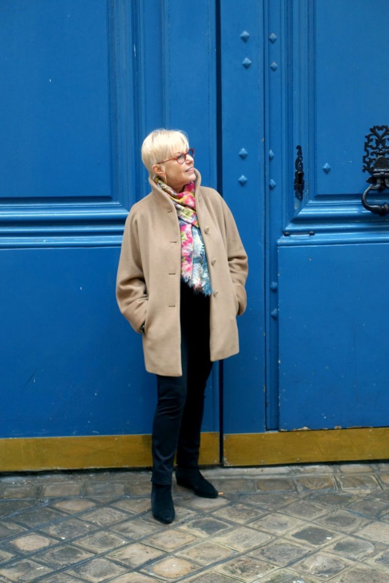 Style blogger Susan B. wears an agnes b. a-line wool coat. Details at une femme d'un certain age.