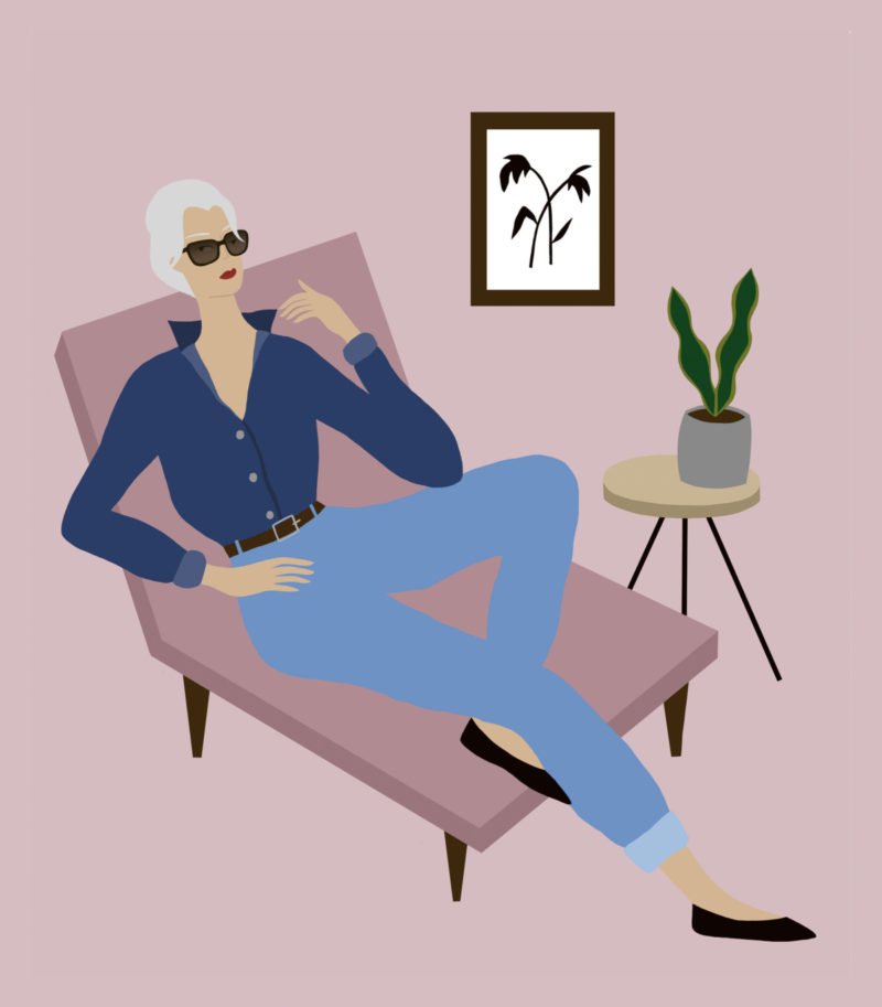 Illustration of Linda Rodin by Ayumi Takahashi. Details at une femme d'un certain age.