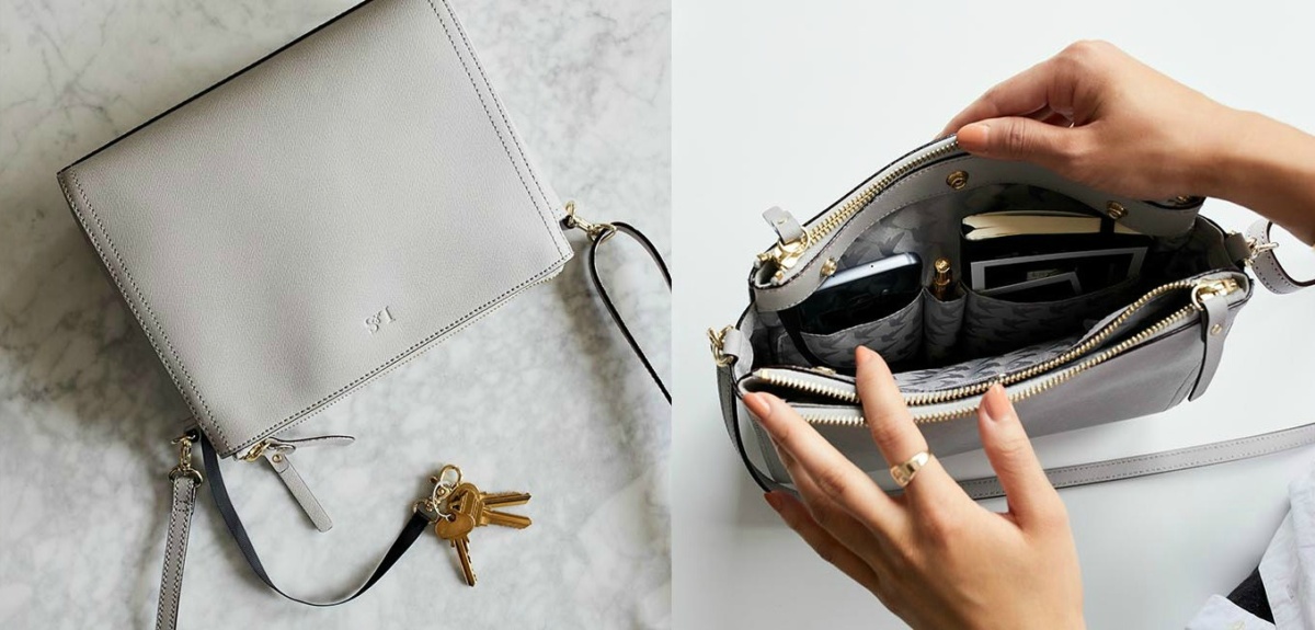 Lo & Sons Pearl crossbody bag in light grey. Details at une femme d'un certain age.