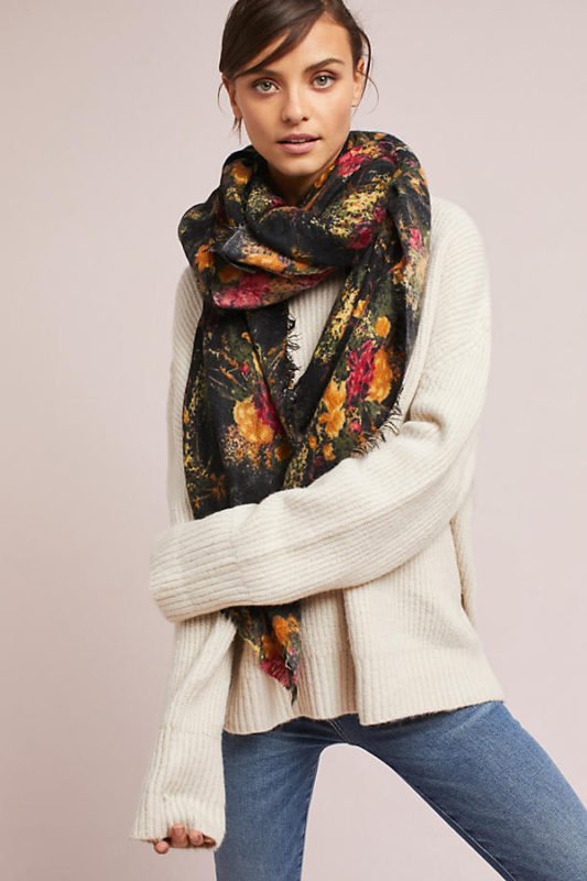 long scarf in fall floral print from Anthropologie. Details at une femme d'un certain age.