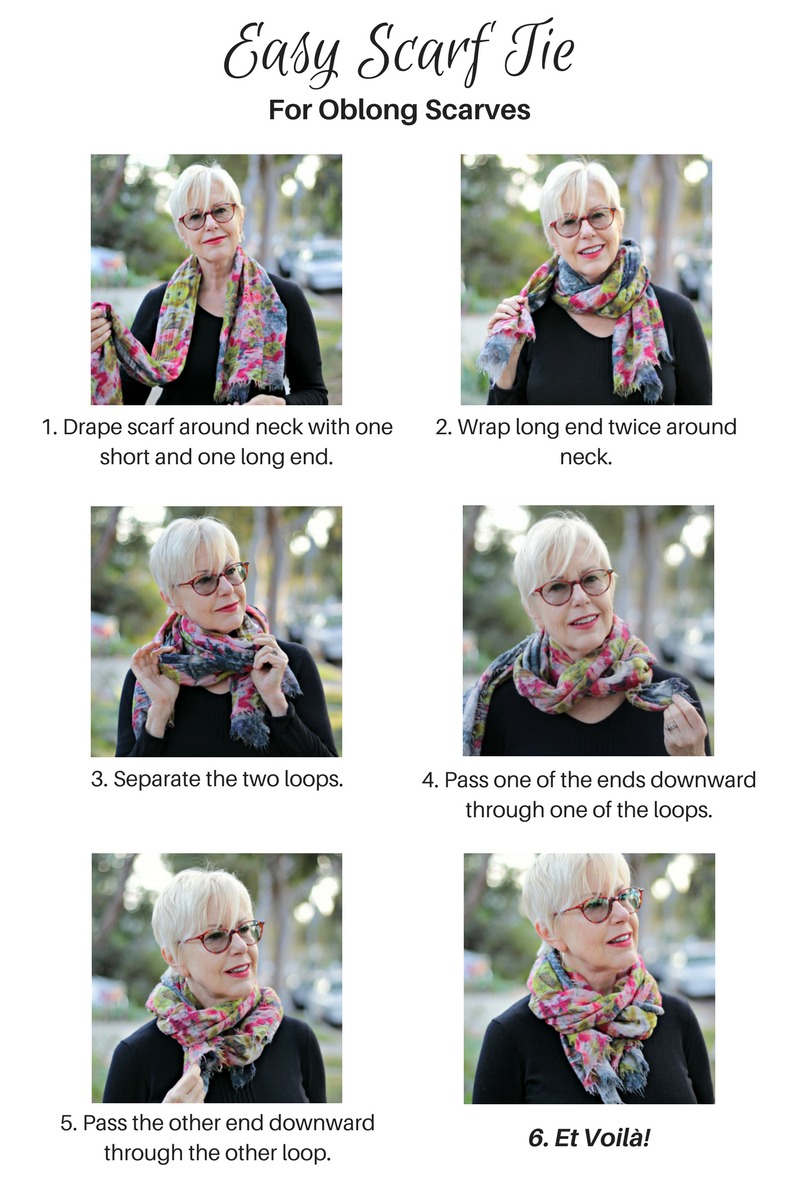 Scarf tying tutorial: an easy tie for oblong scarves. More at une femme d'un certain age.