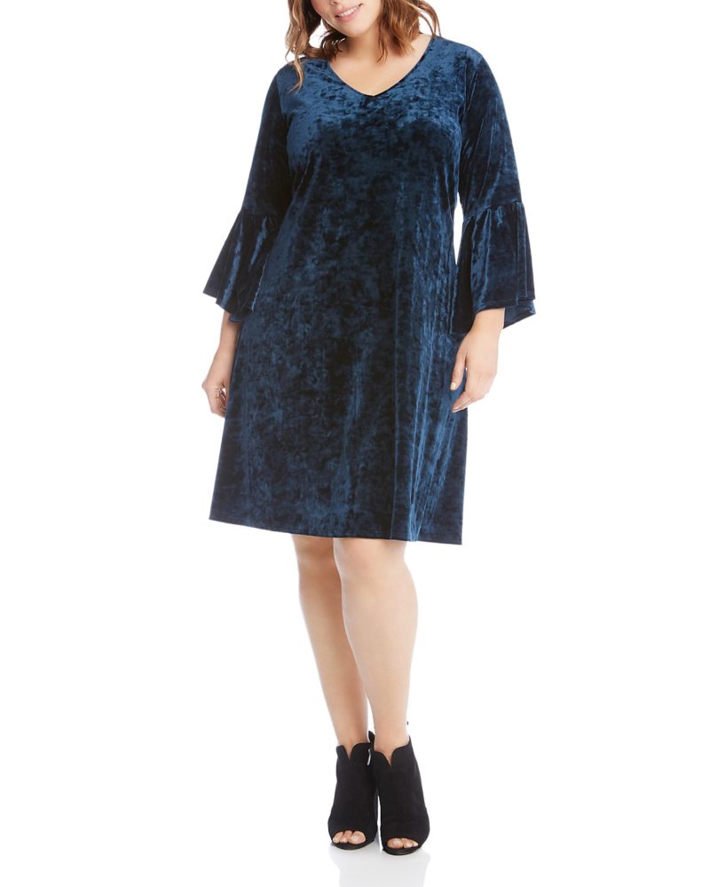 Karen Kane teal velvet dress with bell sleeves in Plus. Details at une femme d'un certain age.
