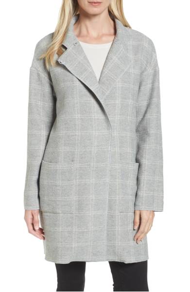 Eileen Fisher topper in grey check tweed. 40% off during year-end sales. Details at une femme d'un certain age.