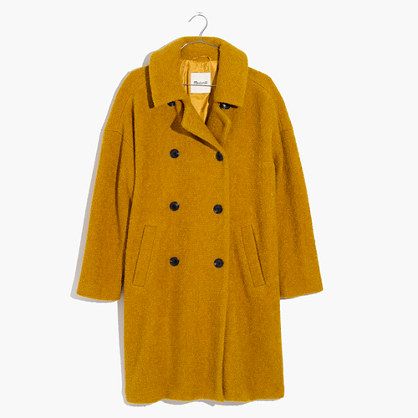 Madewell double-breasted boucle coat in gold. Details at une femme d'un certain age.