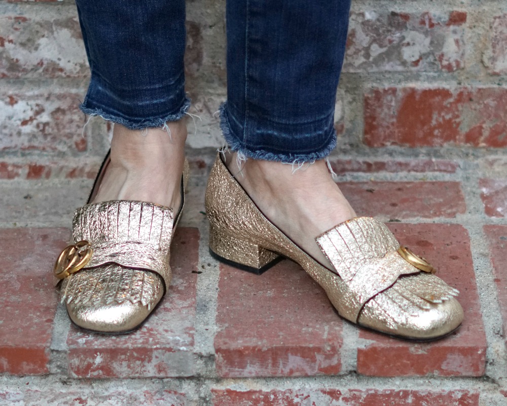 Casual glamour: gold Gucci Marmont loafers. Info at une femme d'un certain age.