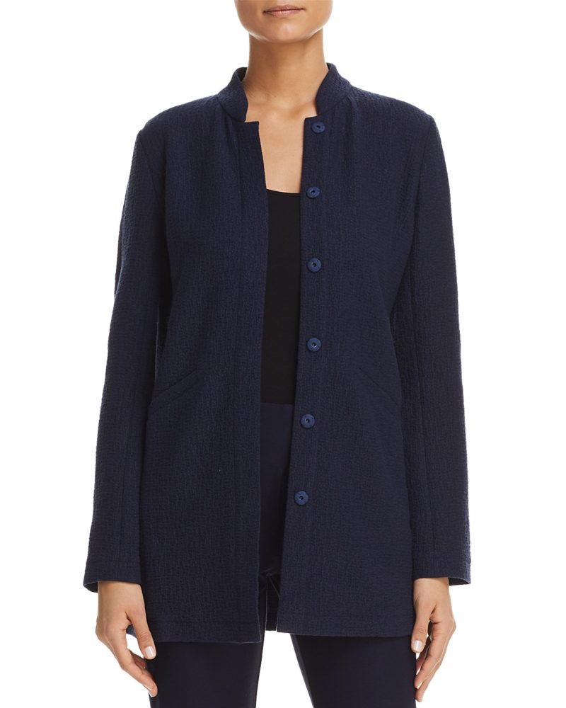 Eileen Fisher navy stand collar jacket. Details at une femme d'un certain age. 