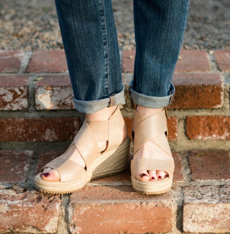 Detail: Eileen Fisher wedge espadrille sandals in light gold. More at une femme d'un certain age.