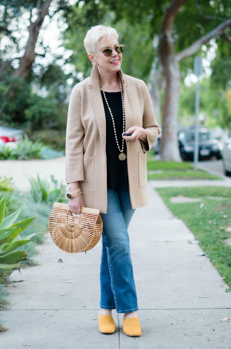 Casual outfit with yellow mules. Details at une femme d'un certain age.
