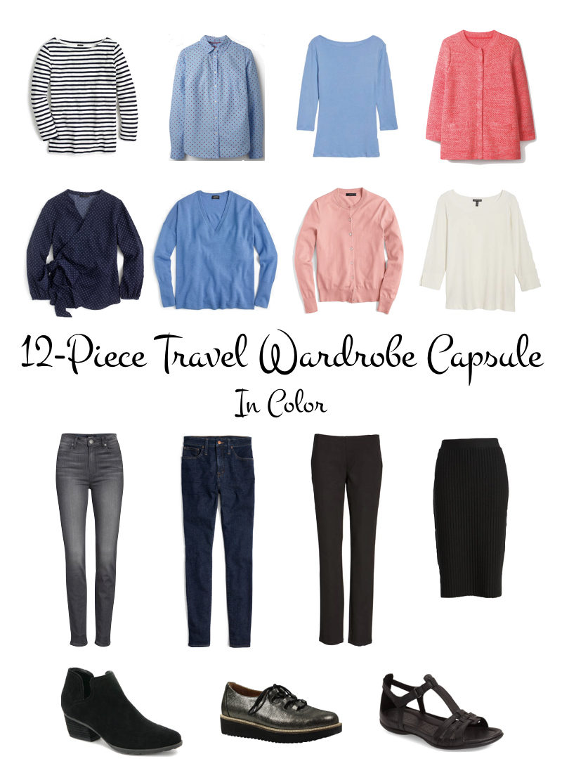 12-piece Spring travel wardrobe incorporating color. Details at une femme d'un certain age.