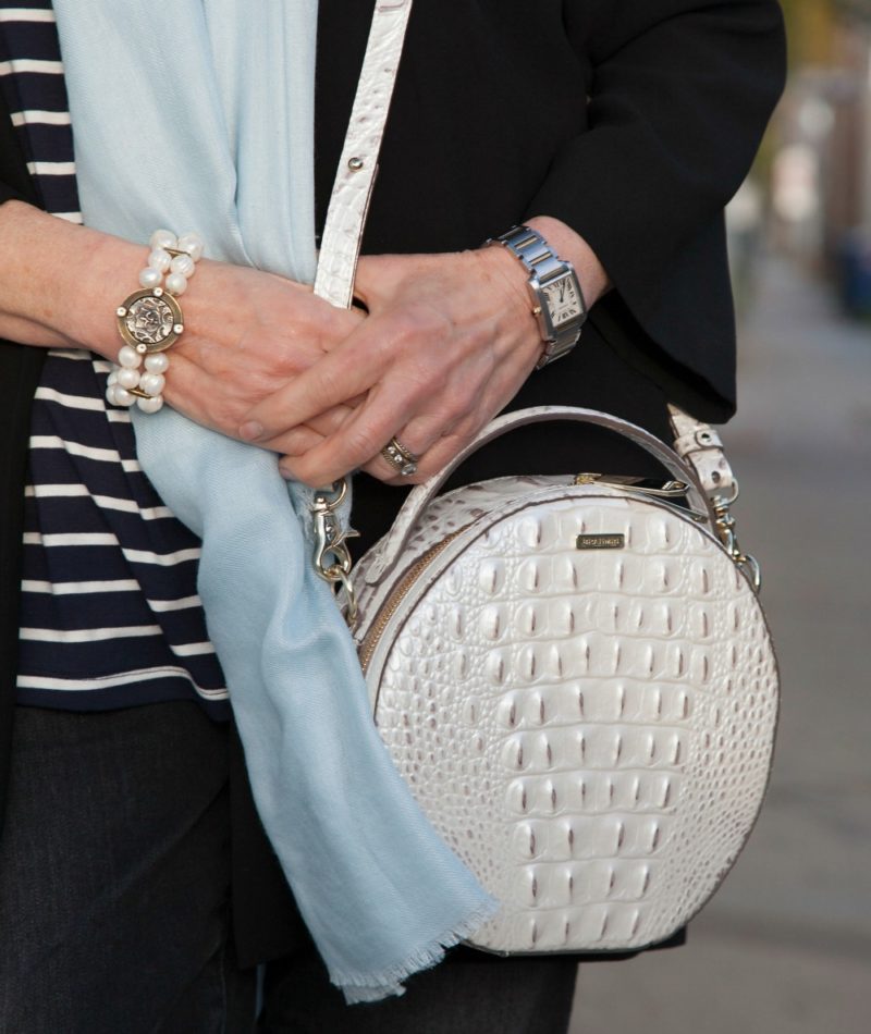 Outfit details: Brahmin round bag, French Kande bracelet, Cartier tank watch. Details at une femme d'un certain age.