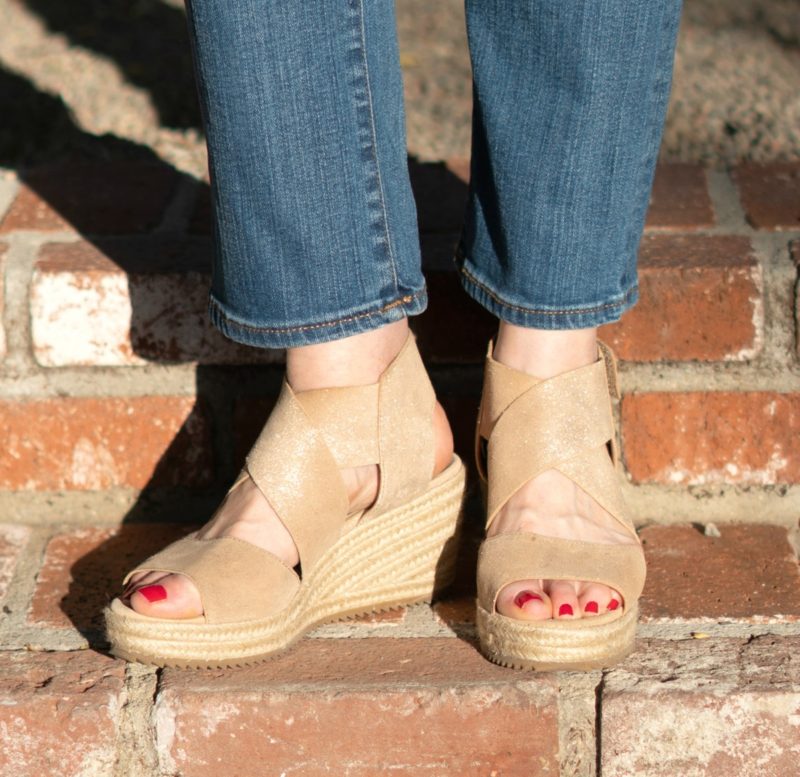 Eileen Fisher espadrille sandals in light gold. These are SO comfortable! Details & more metallic shoes for women at une femme d'un certain age.