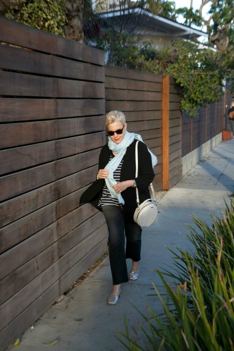 Strolling in Venice, CA. Wearing a pastel blue silk-cashmere scarf, round bag, striped shirt. Details at une femme d'un certain age.