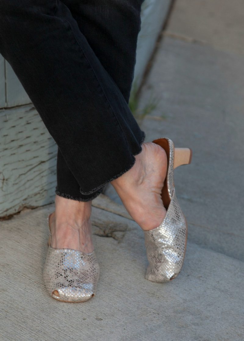 Detail: L'Amour des Pieds metallic mules. Still a favorite! More at une femme d'un certain age.