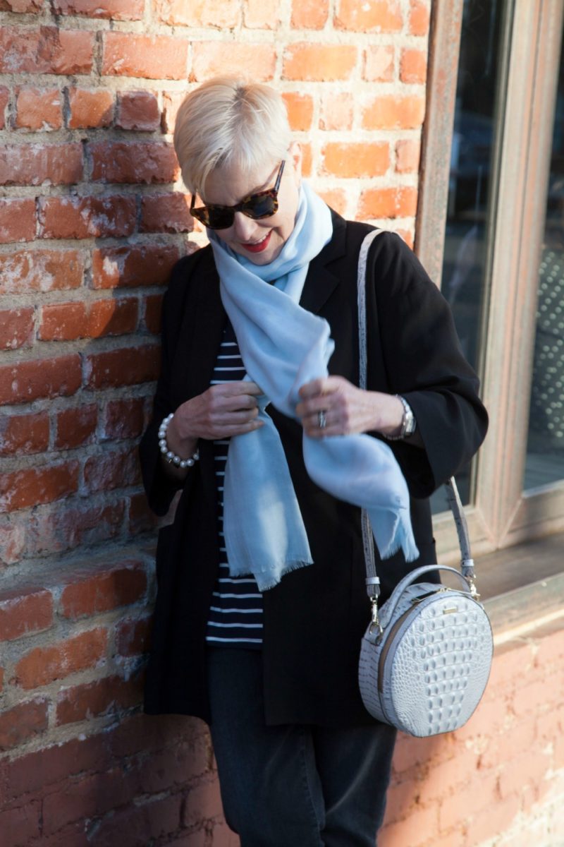 Boyfriend jacket, stripe tee, long scarf. Details at une femme d'un certain age.