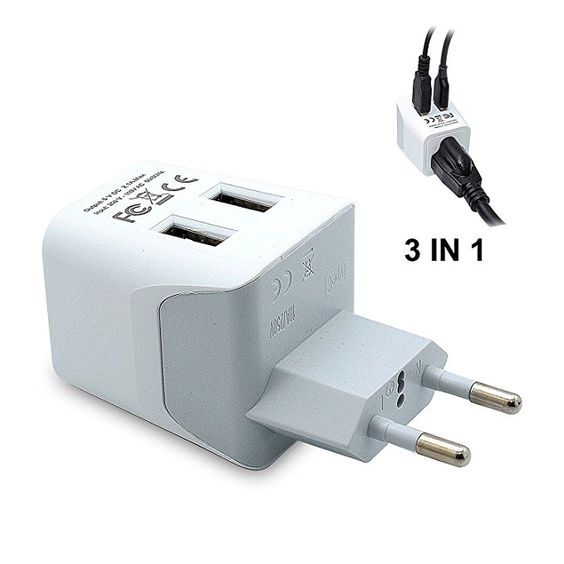 Europe adapter plug with two USB ports. Details at une femme d'un certain age.