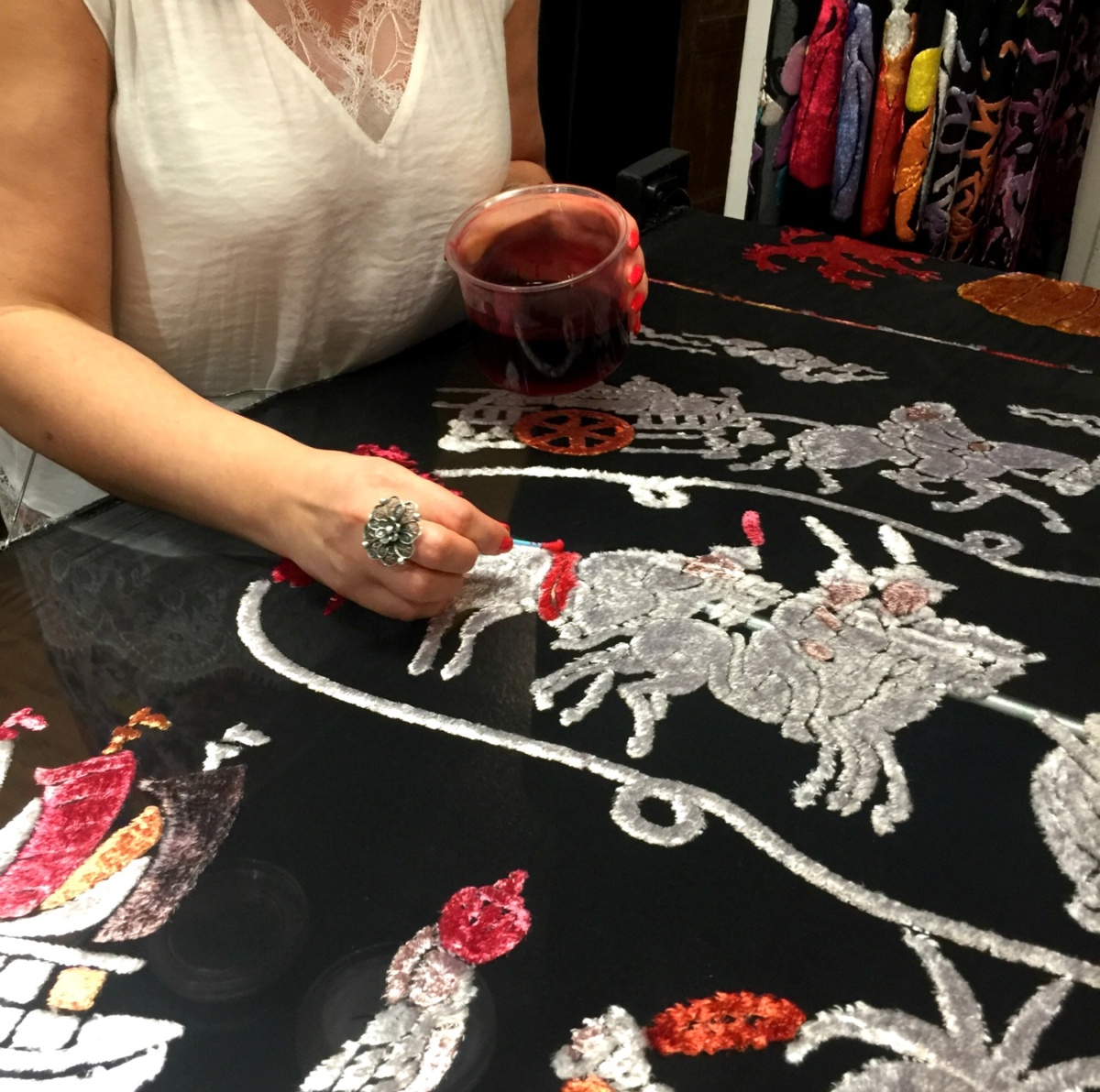 hand coloring velvet burnout scarf in Lyon. Details at une femme d'un certain age.